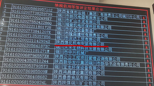 陜煤建設(shè)機(jī)電安裝公司：榮獲2018年納稅信用“A”級(jí)企業(yè)